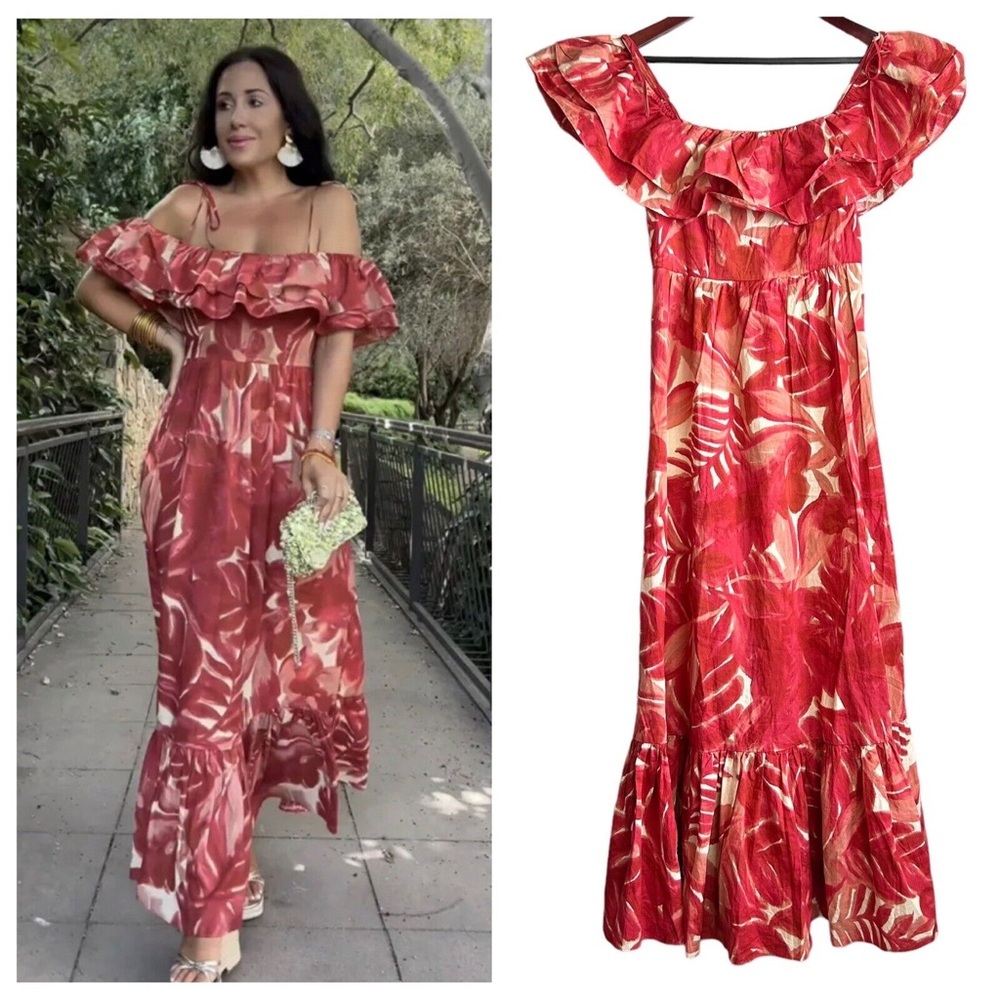 NWT Zara Printed Floral Red Cream Maxi Dress Bloggers Favorite L